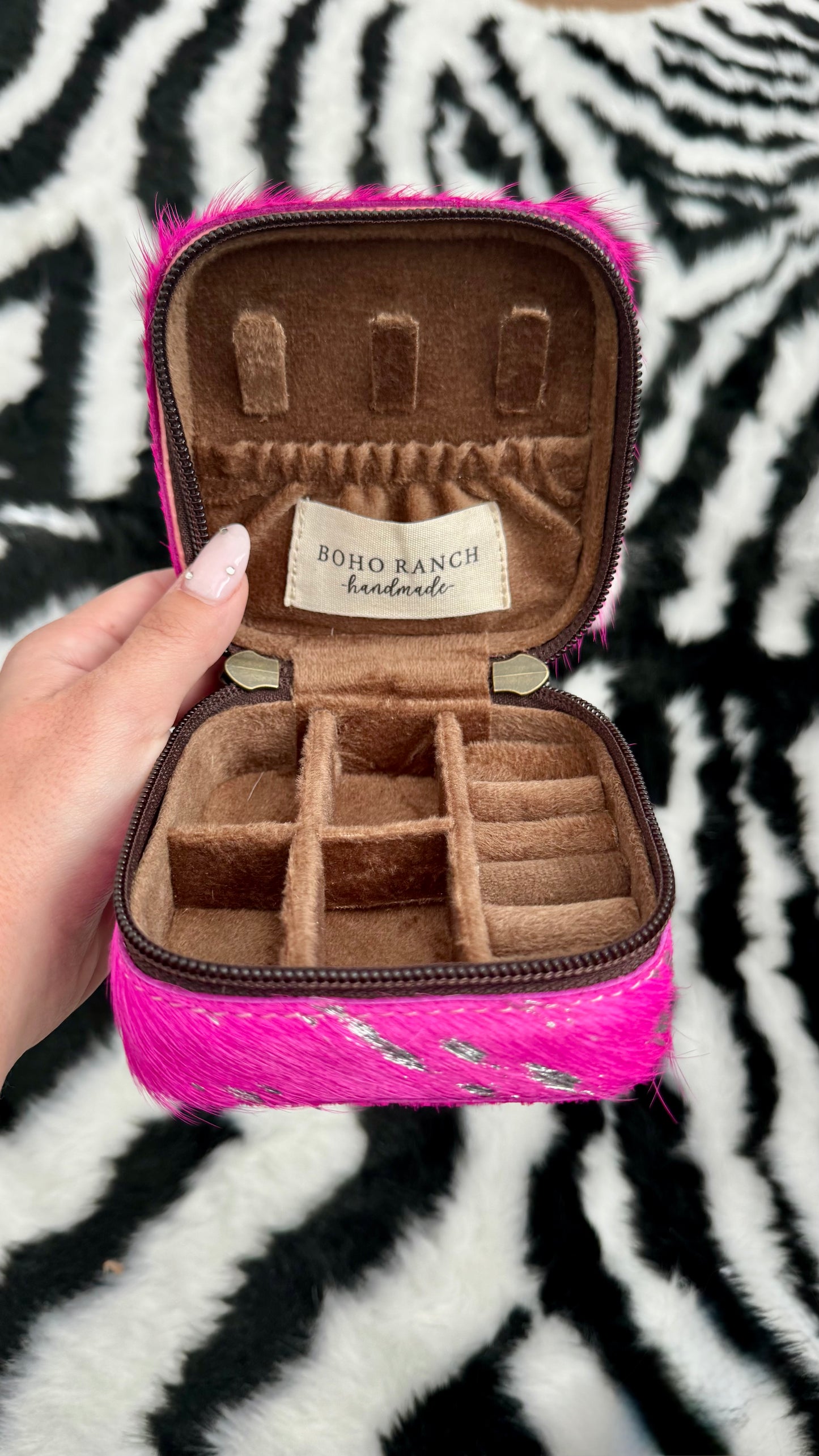 MINI COWHIDE JEWELRY BOX : PINK + SILVER SPECS