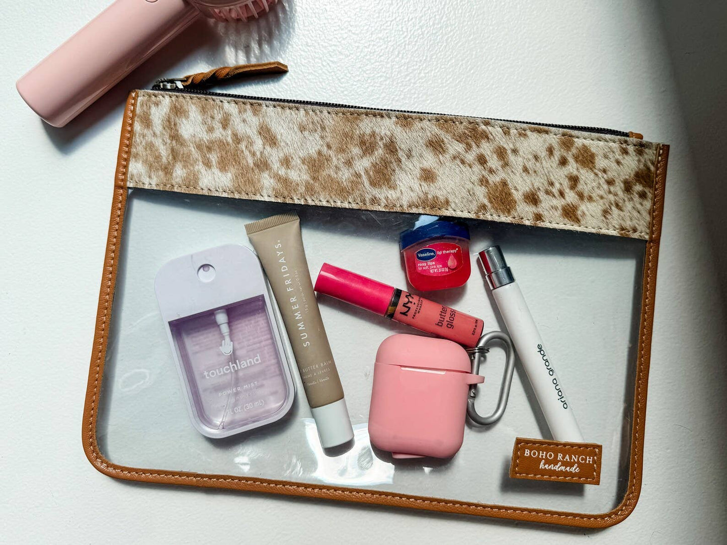 TAN + WHITE COWHIDE CLEAR CARRY ALL