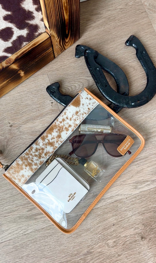 TAN + WHITE COWHIDE CLEAR CARRY ALL