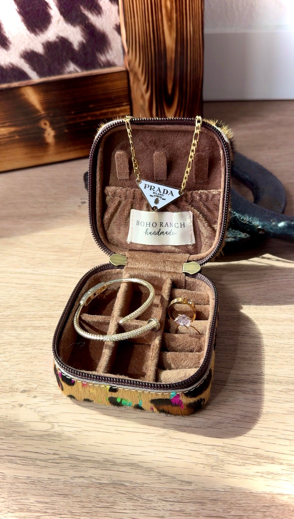MINI COWHIDE JEWELRY BOX : LEOPARD + RAINBOW SPECS