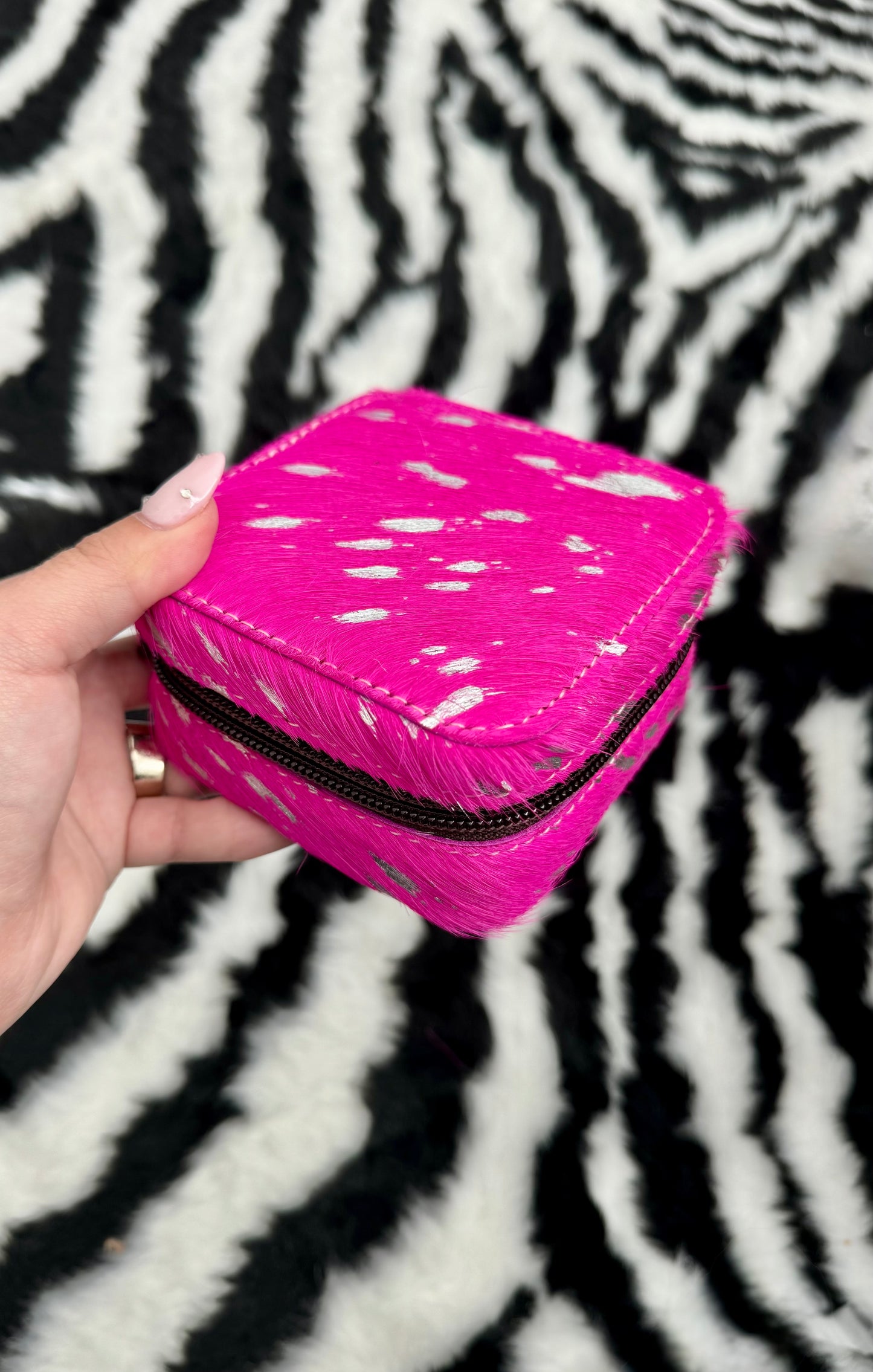 MINI COWHIDE JEWELRY BOX : PINK + SILVER SPECS