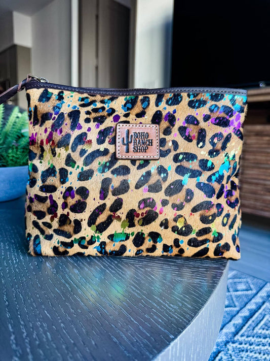 NEON LEAPORD PRINT COWHIDE MAKEUP BAG