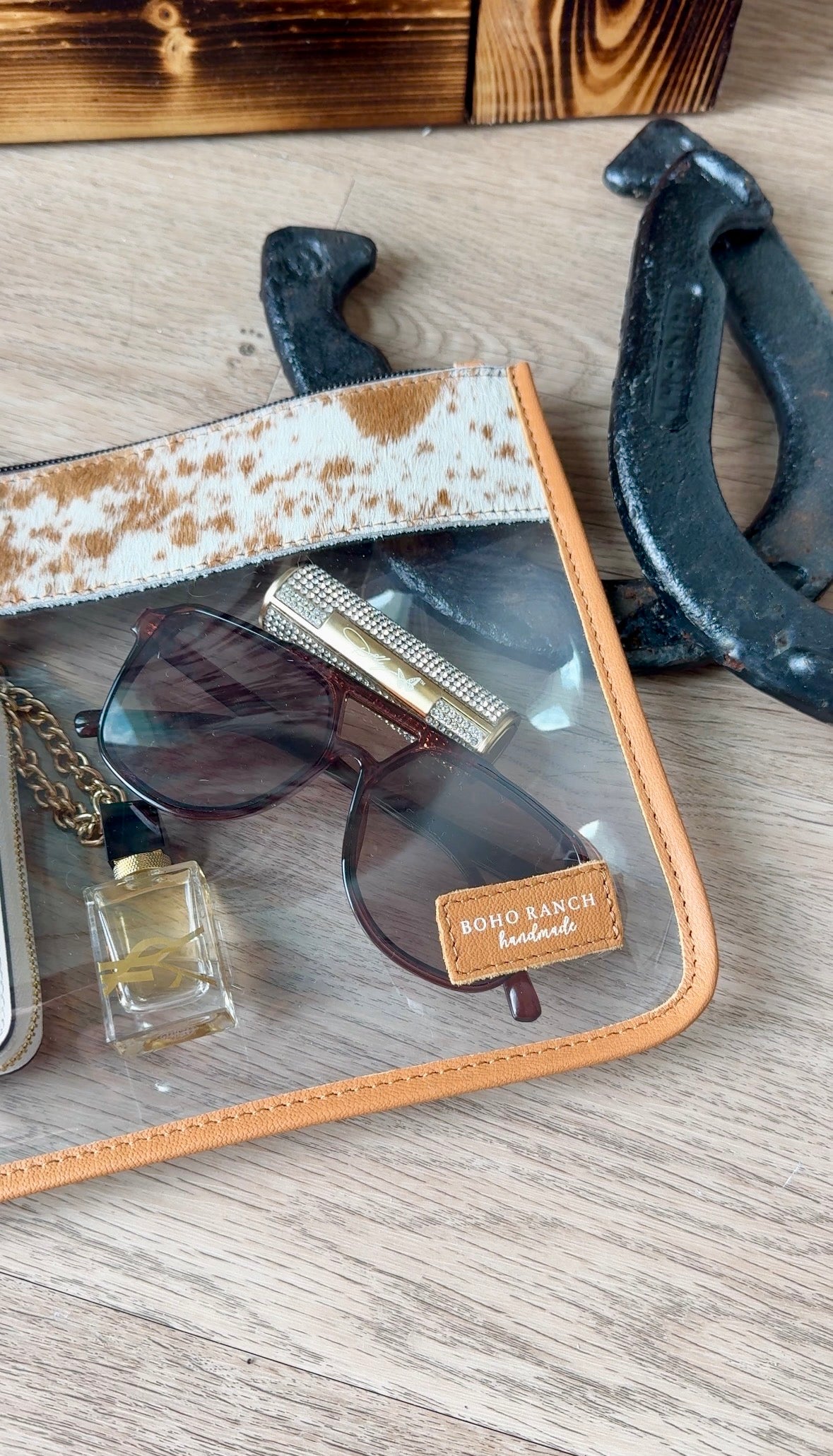TAN + WHITE COWHIDE CLEAR CARRY ALL