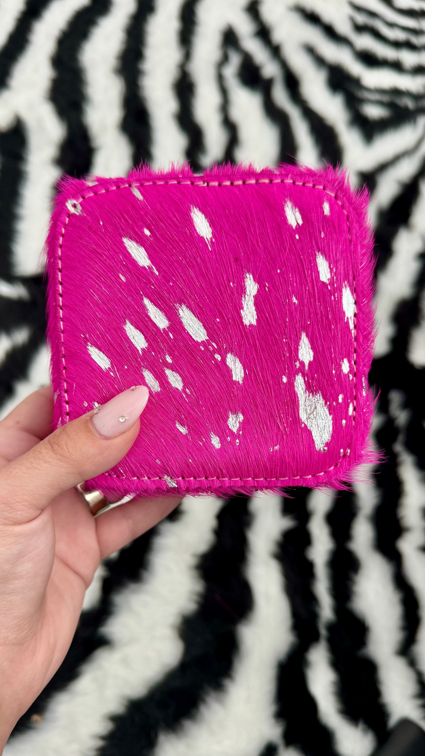 MINI COWHIDE JEWELRY BOX : PINK + SILVER SPECS