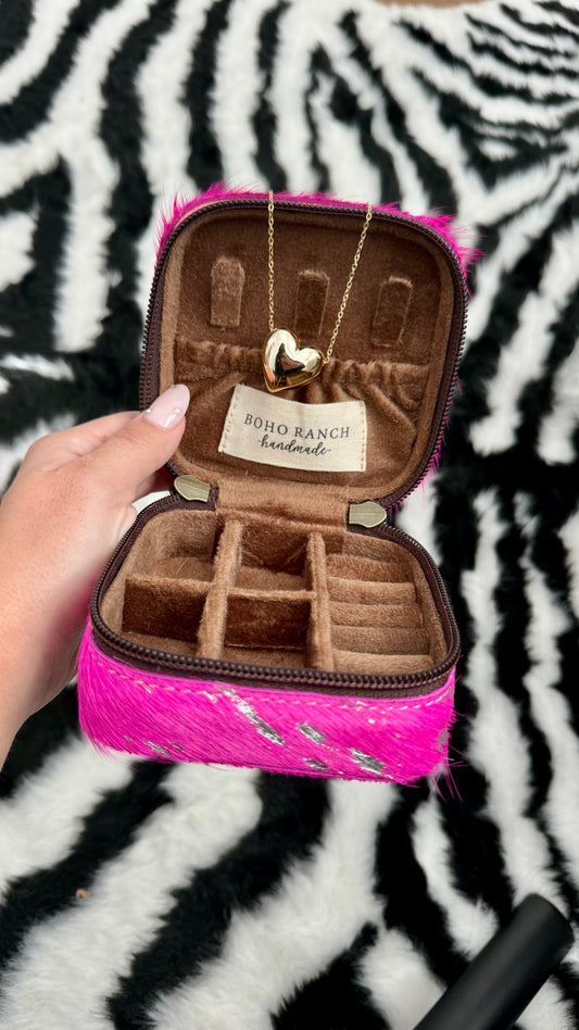 MINI COWHIDE JEWELRY BOX : PINK + SILVER SPECS