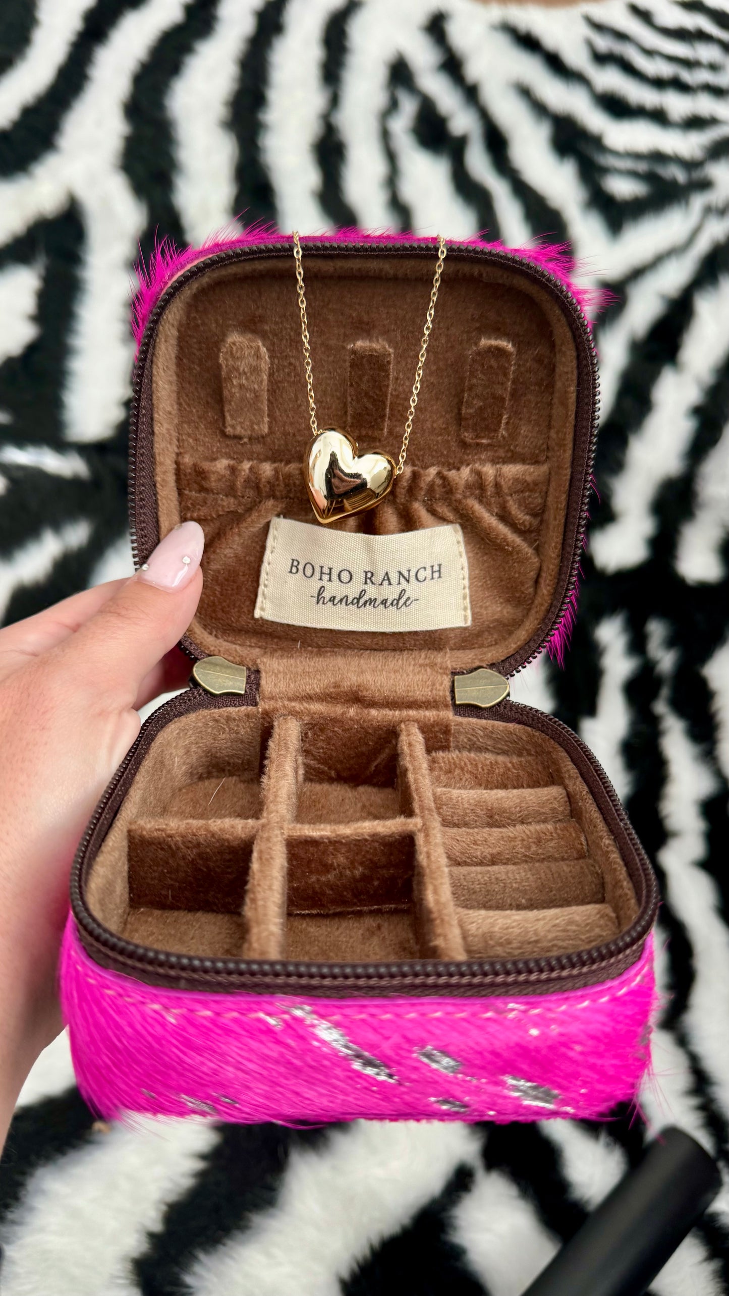 MINI COWHIDE JEWELRY BOX : PINK + SILVER SPECS