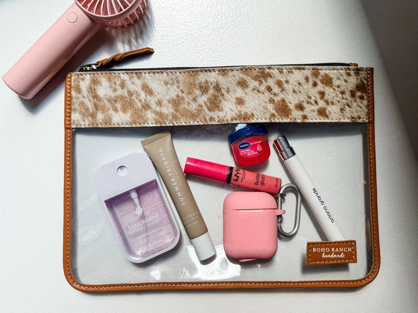 TAN + WHITE COWHIDE CLEAR CARRY ALL